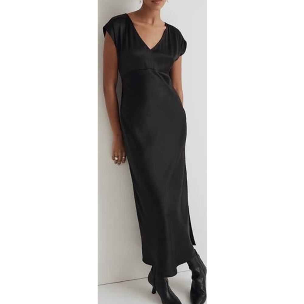 Madewell Belinda Wide V Neck Satin Chic Midi Side Slit Dress US Women's 2 New